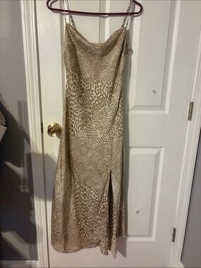 Express Beige Animal-Print Midi Slip Dress